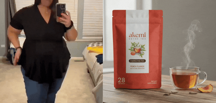 Relaxed woman smiling while holding a steaming mug of Akemi Detox Tea at home.